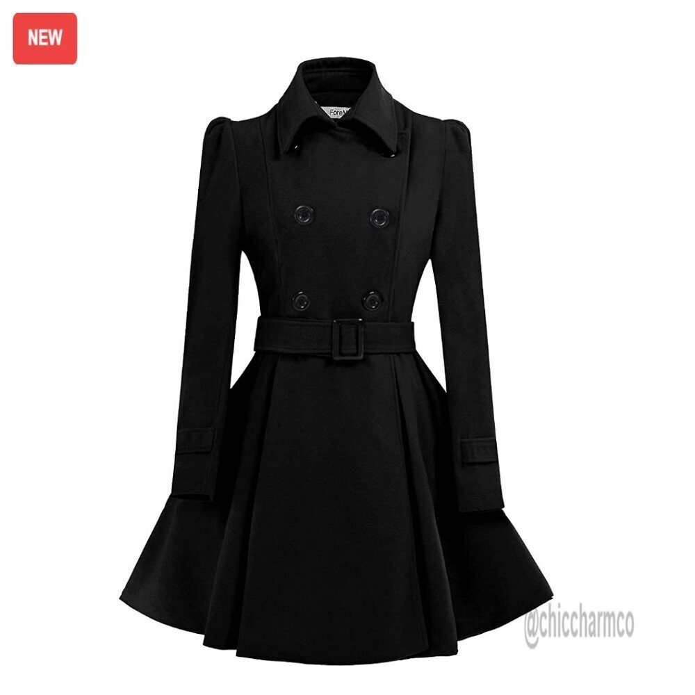 Women's Wool Pea Coat with Belt, Double Breasted, Mid-Length Swing Style